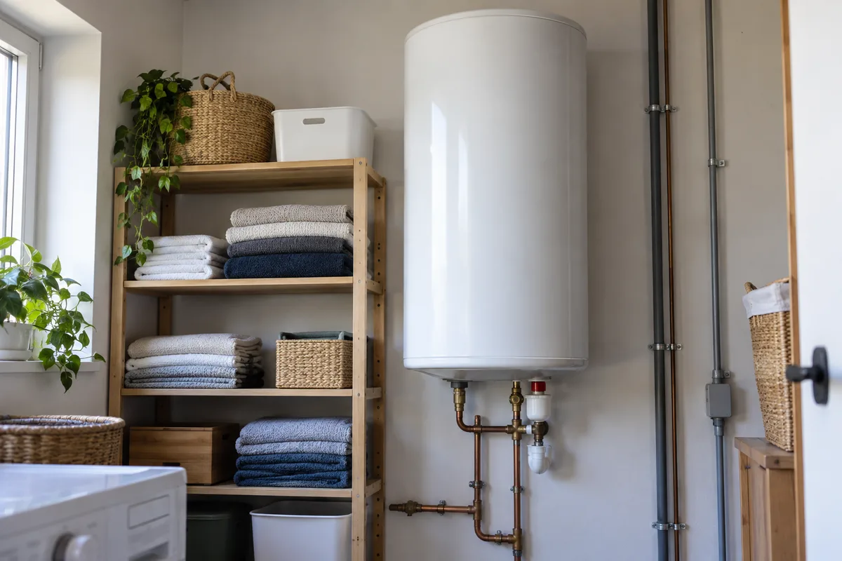 Chauffe-eau électrique vertical fixé au mur d’un cellier avec ses tuyaux de cuivre