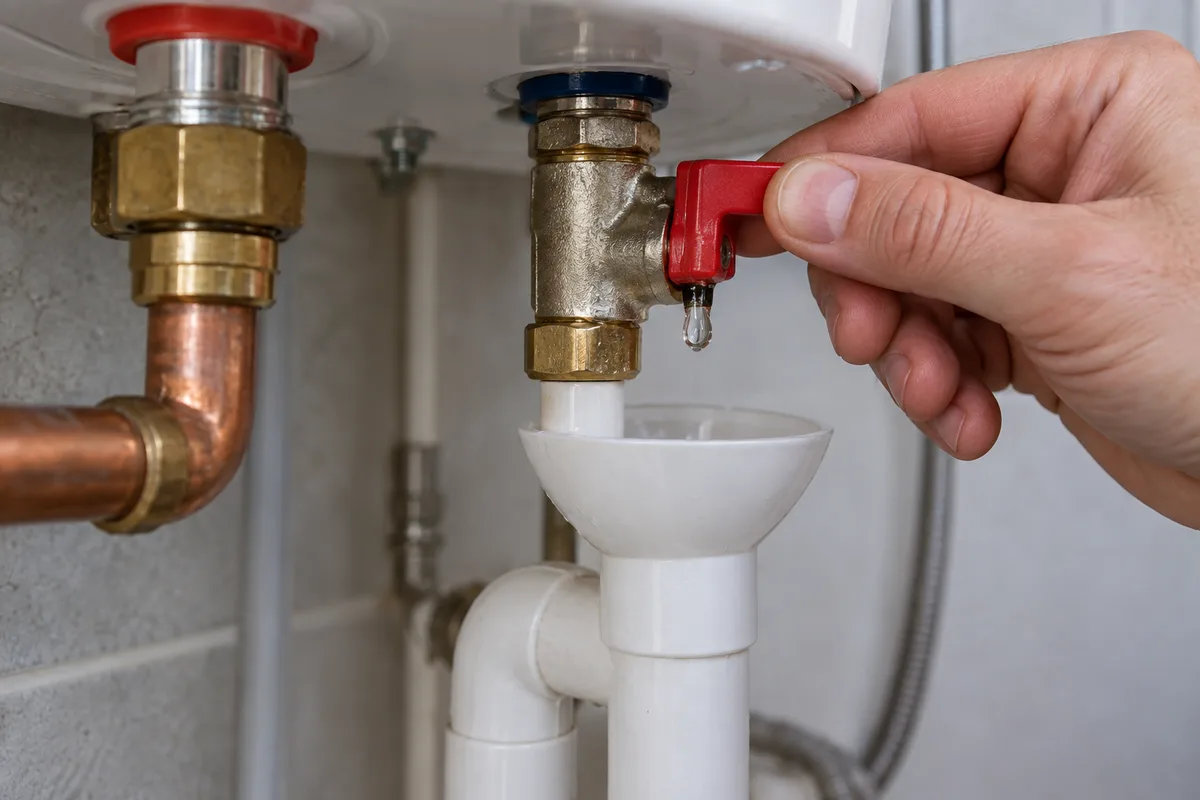 Main ouvrant la manette rouge du groupe de sécurité au-dessus de l’entonnoir du siphon