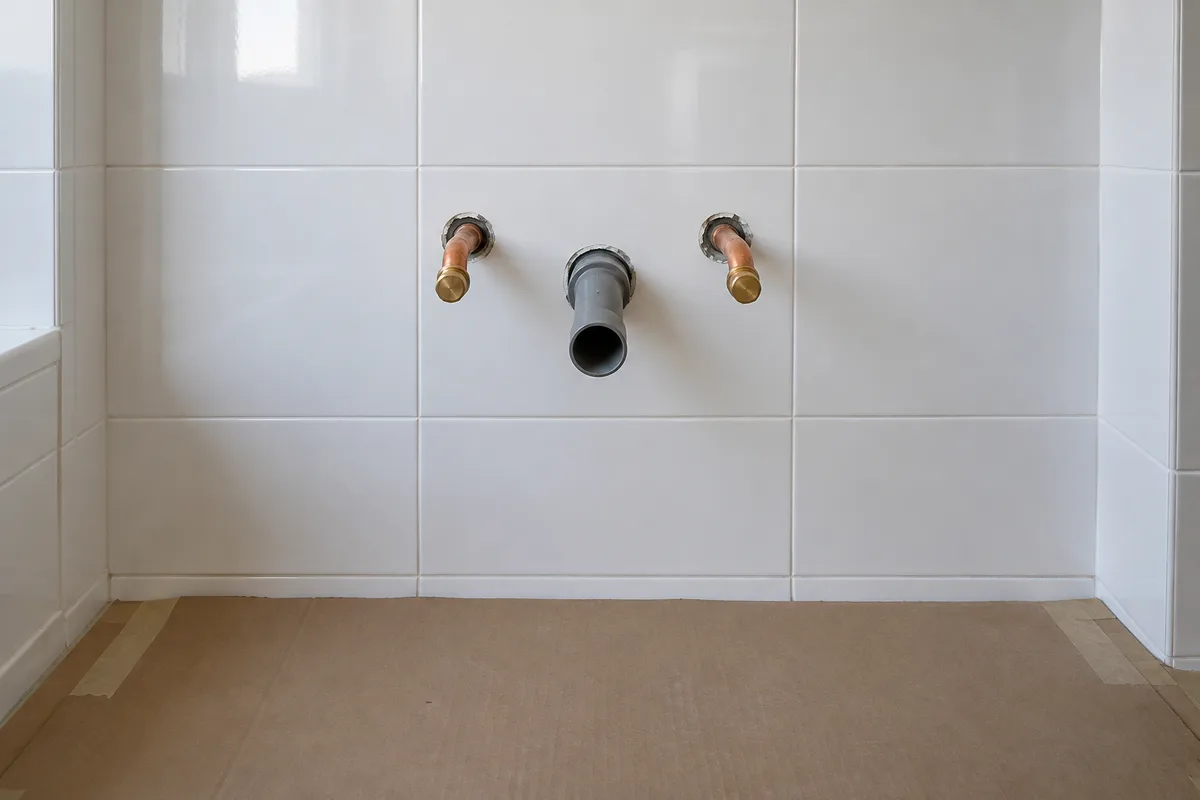 Arrivées d’eau en cuivre bouchonnées et évacuation en PVC sortant d’un mur carrelé de blanc