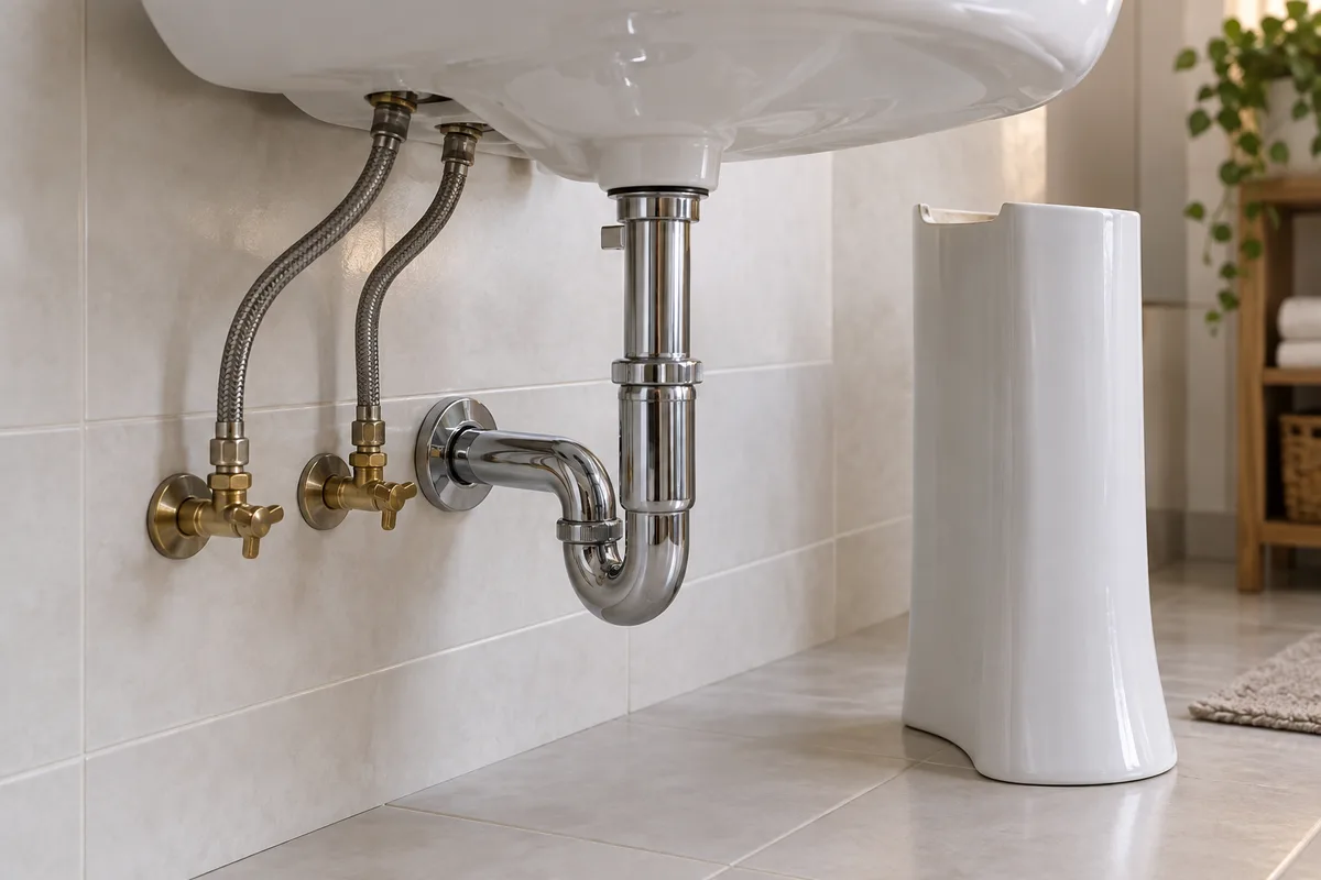 Siphon chromé et flexibles tressés raccordés sous une vasque, colonne écartée sur le côté