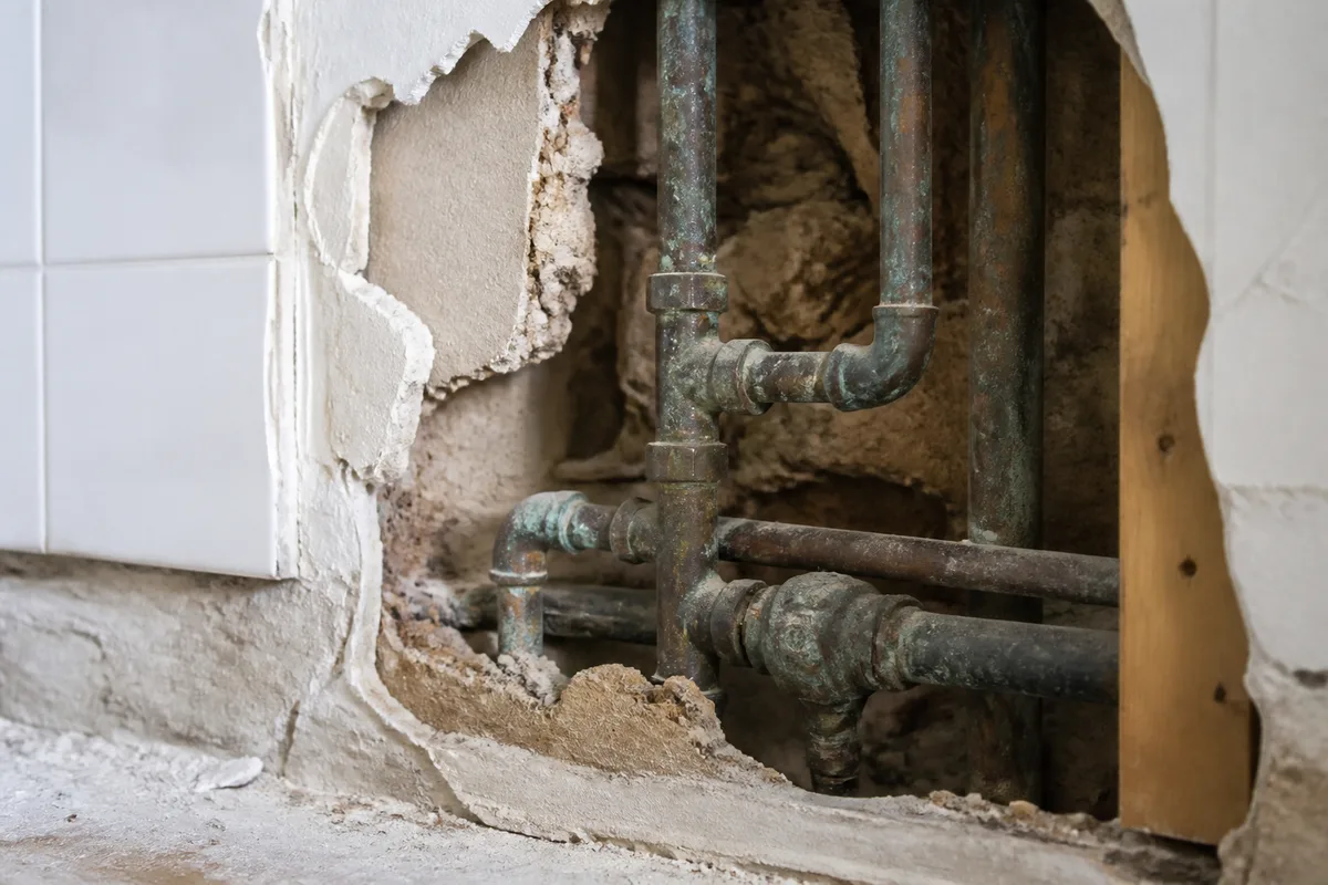 Canalisations anciennes apparentes derrière un mur ouvert lors d&rsquo;une rénovation