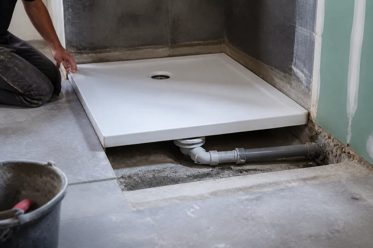 Receveur de douche en cours de pose avec bonde et canalisation d&rsquo;évacuation