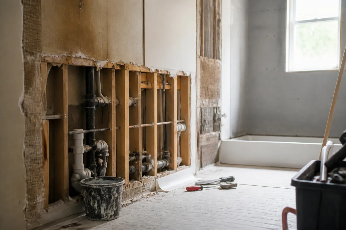 Salle de bain en chantier avec cloisons ouvertes et outils posés au sol