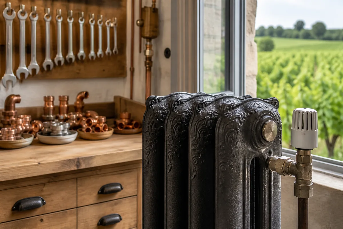 Radiateur en fonte et robinet thermostatique dans un intérieur ancien