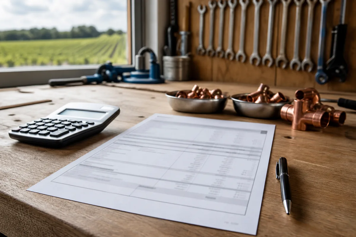 Devis de plomberie détaillé avec calculatrice et stylo posés dessus