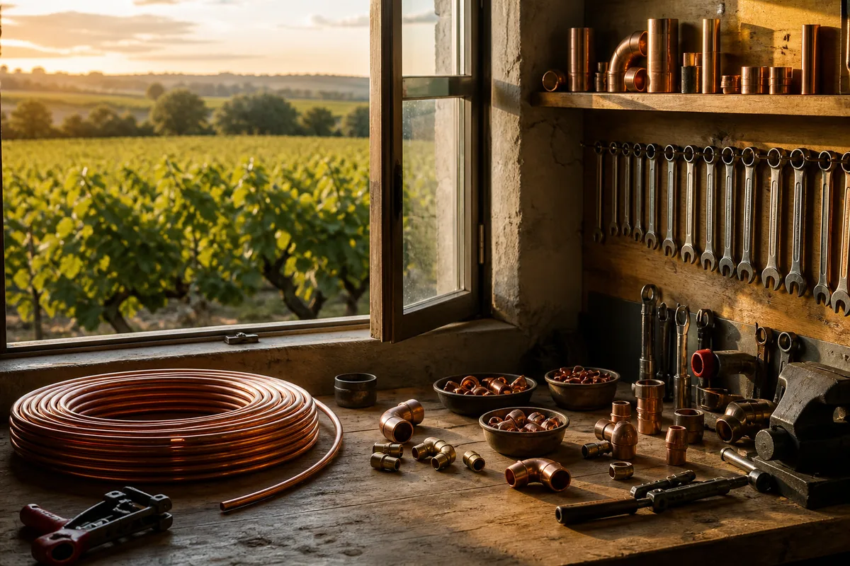 Tubes de cuivre soudés et raccords laiton posés sur un établi, dans un atelier du vignoble nantais