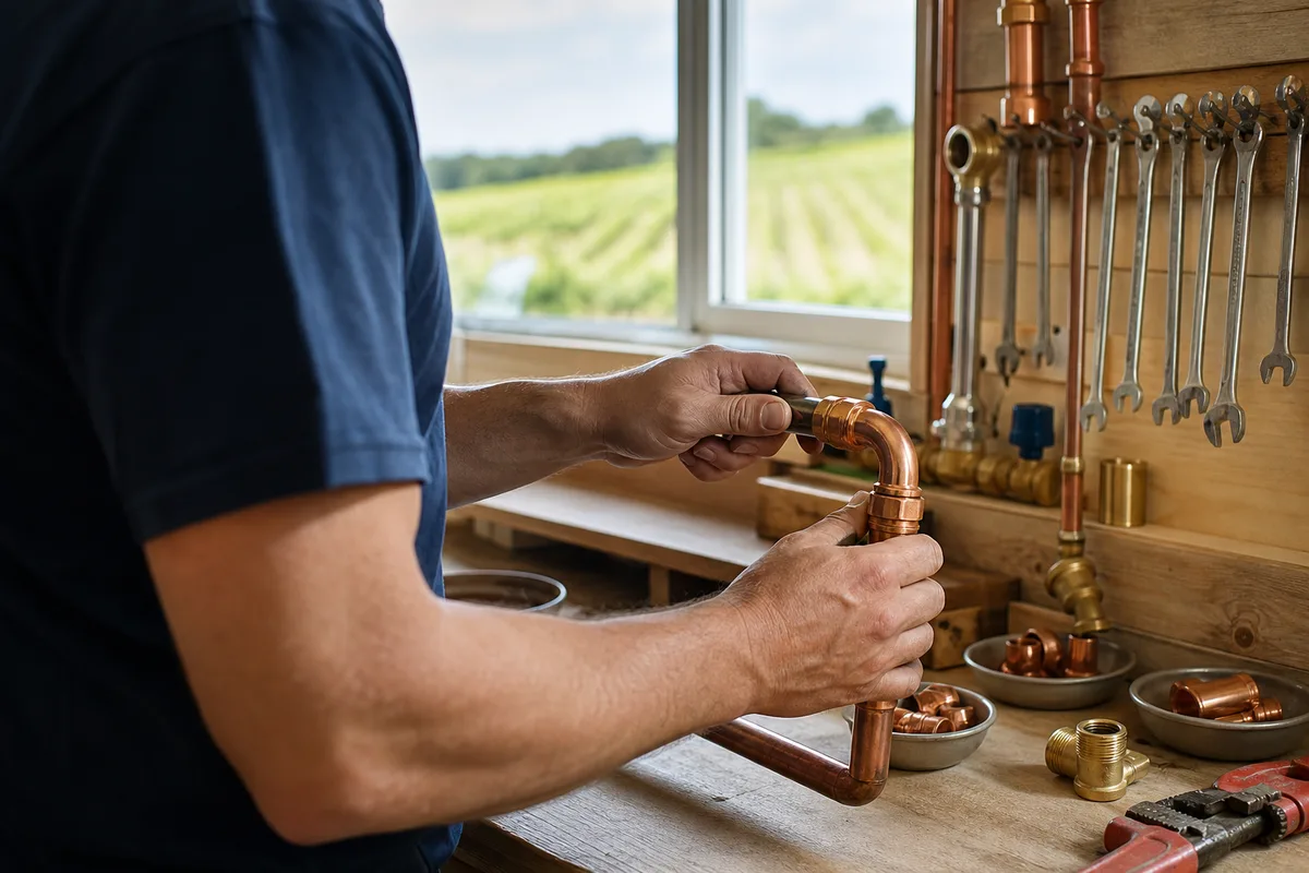 Artisan plombier vérifiant un raccordement cuivre sur une installation de maison individuelle