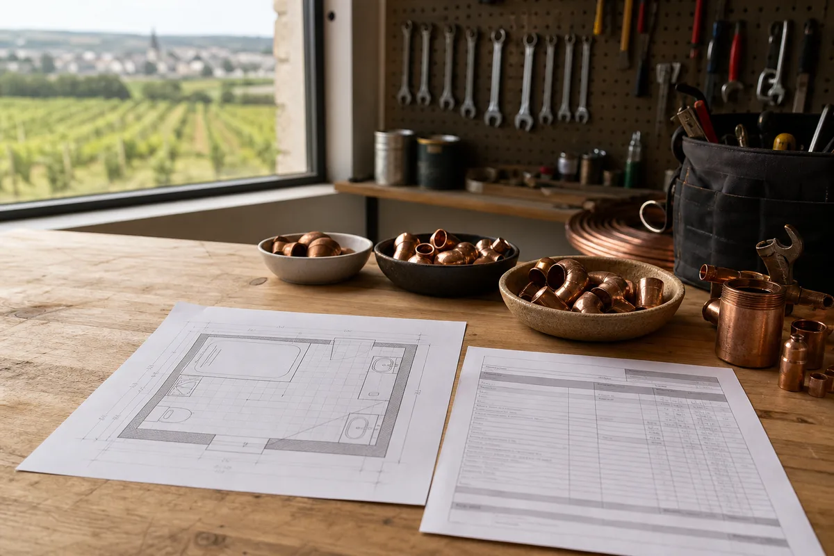 Plan de salle de bains et devis papier posés sur une table de cuisine