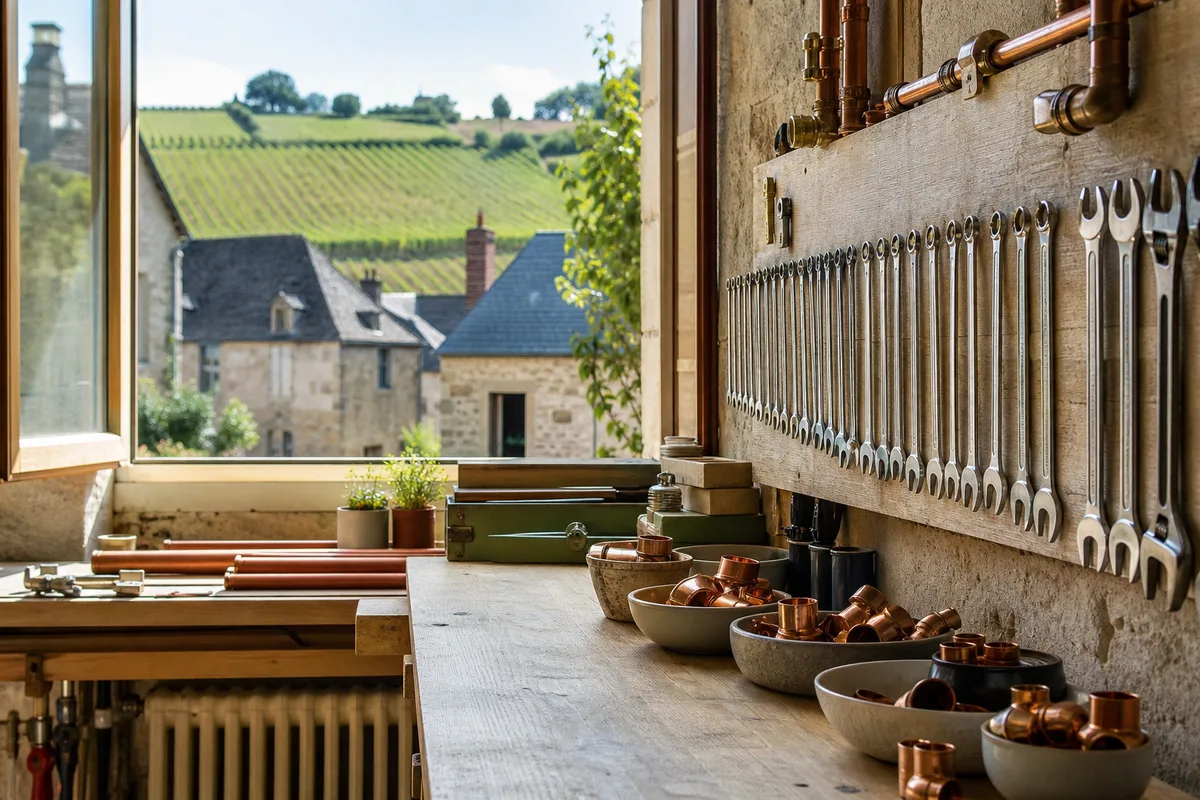 Bourg du vignoble nantais avec maisons anciennes en pierre et toits d&rsquo;ardoise