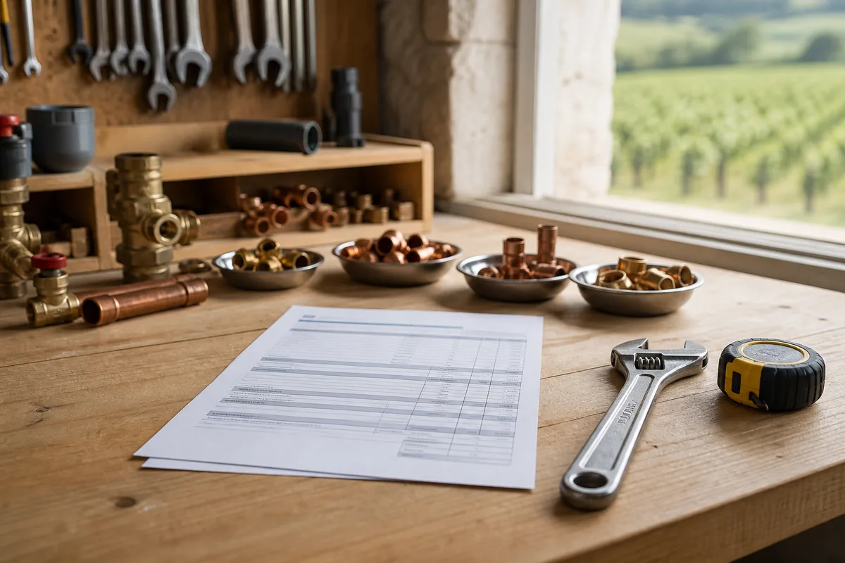 Devis de plomberie détaillé posé à côté d&rsquo;une clé à molette et d&rsquo;un mètre ruban