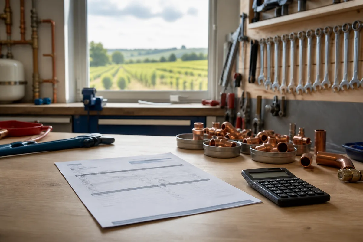 Facture de dépannage et calculatrice posées sur une table